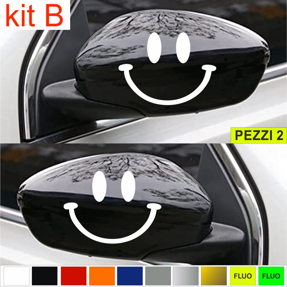 KIT B Set 2 Adesivi FACCINE SORRISO- SPECCHIETTI AUTO universali disponibili in moltissimi colori ANCHE FLUO Cod.1881B