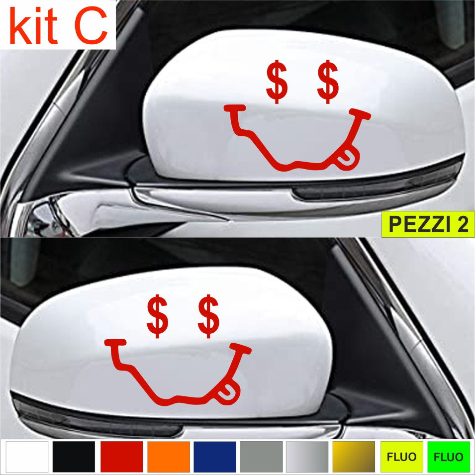 KIT C Set 2 Adesivi FACCINA SOLDI- SPECCHIETTI AUTO universali disponibili in moltissimi colori ANCHE FLUO Cod.1881C