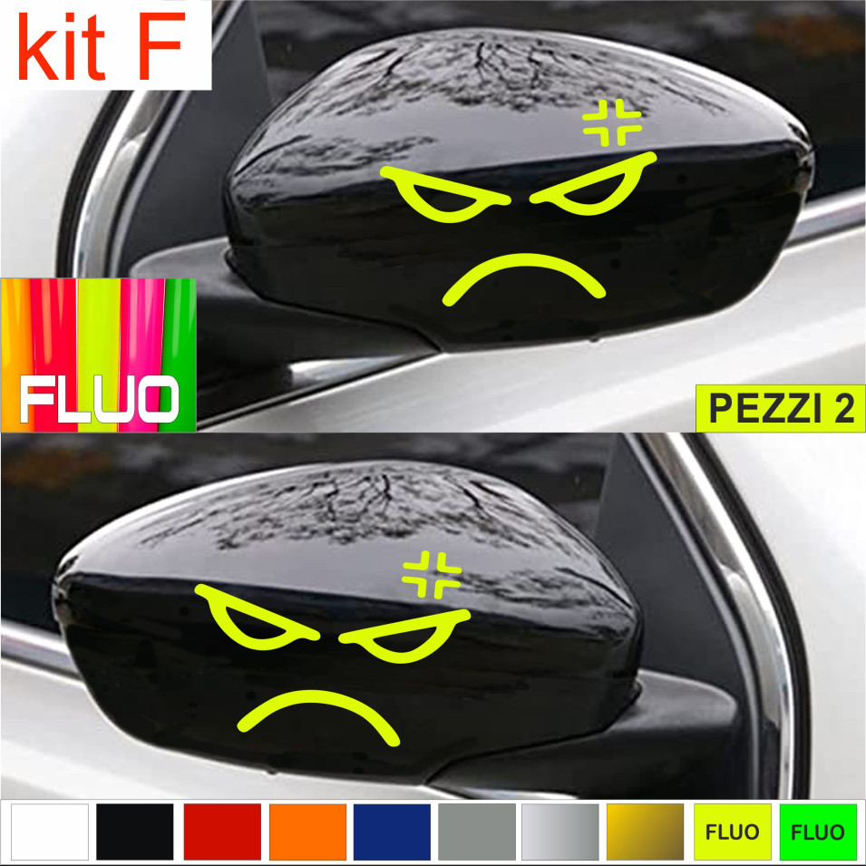 KIT F Set 2 Adesivi FACCIA DELUSA - SPECCHIETTI AUTO universali disponibili in moltissimi colori ANCHE FLUO Cod.1881F