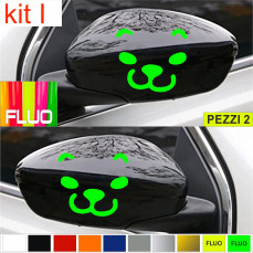 KIT I Set 2 Adesivi FACCIA ORSETTO SORRIDENTE - SPECCHIETTI AUTO universali disp.in moltissimi colori ANCHE FLUO Cod.1881I