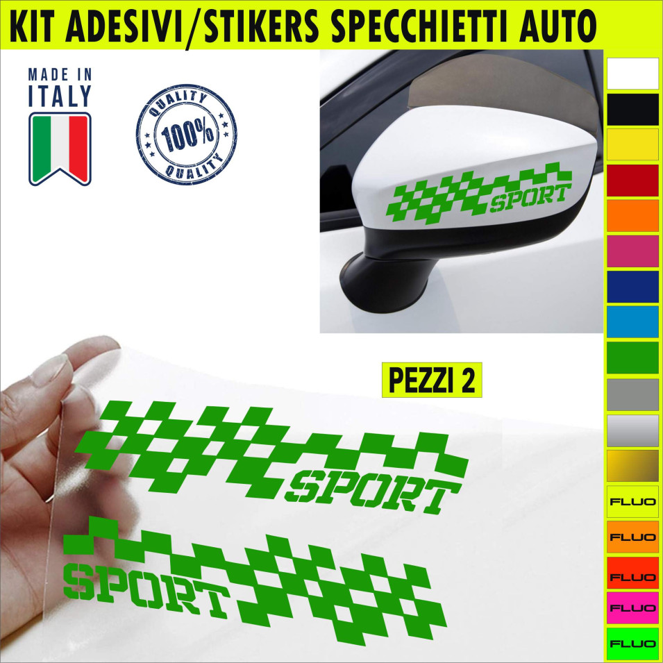 Set 2 Adesivi SCACCHI SPORT SPECCHIETTI ESTERNI AUTO-CAR universali disponibili in moltissimi colori ANCHE FLUO Cod.2206