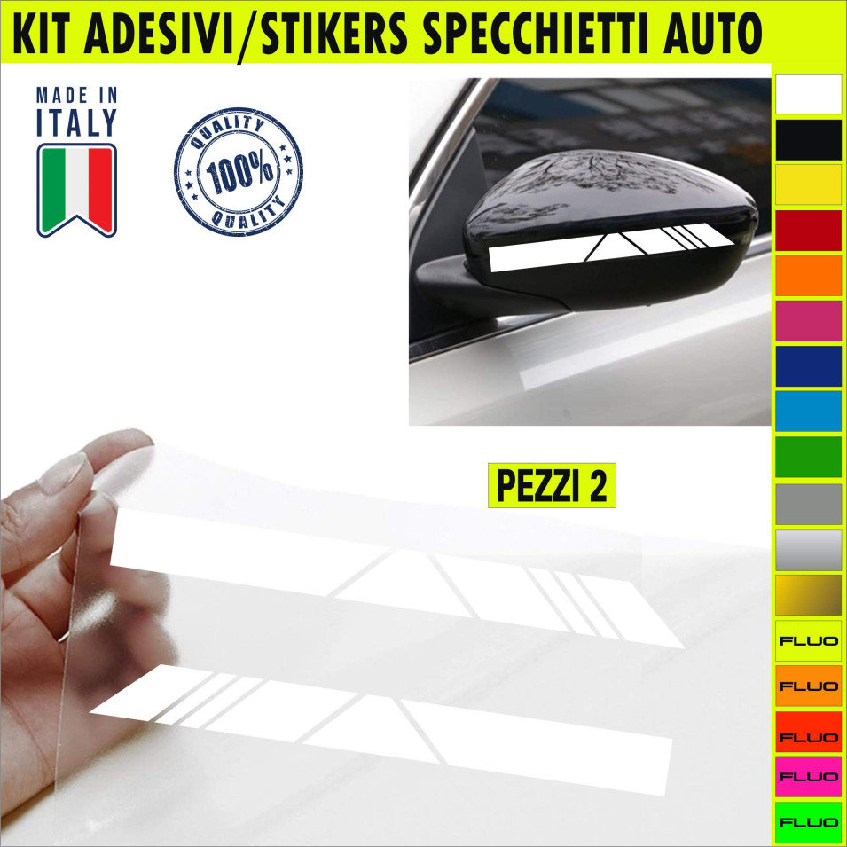Set 2 Adesivi FASCIA RACING SPECCHIETTI ESTERNI AUTO-CAR universali disponibili in moltissimi colori ANCHE FLUO Cod.2210