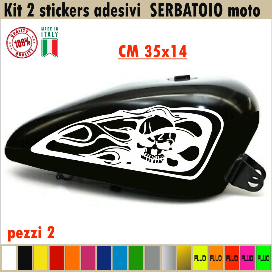 Kit 2 Adesivi SERBATOIO teschio fiamme skull moto chopper harley vintage disponibile in moltissimi colori ANCHE FLUO Cod.1670