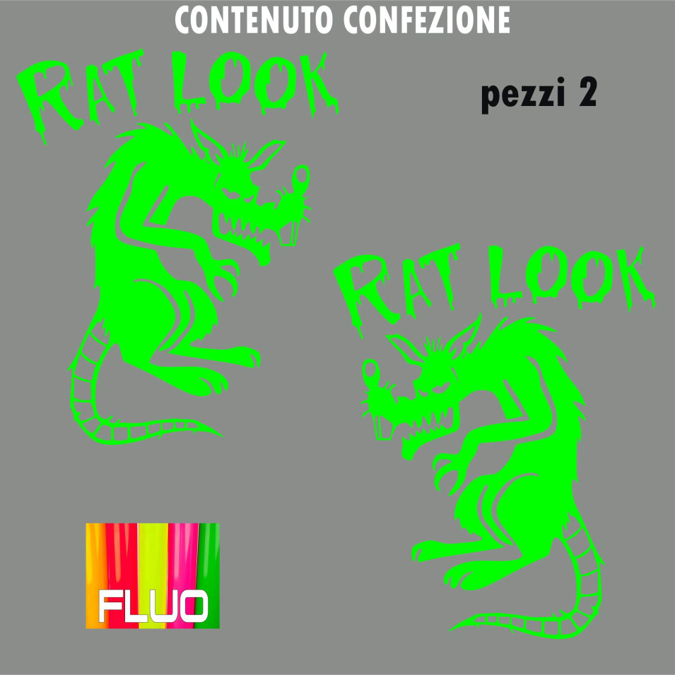Kit 2 Adesivi/Grafiche CASCO SERBATOIO RAT LOOCK (sguardo da ratto) moto chopper disp. in moltissimi colori ANCHE FLUO Cod.1674