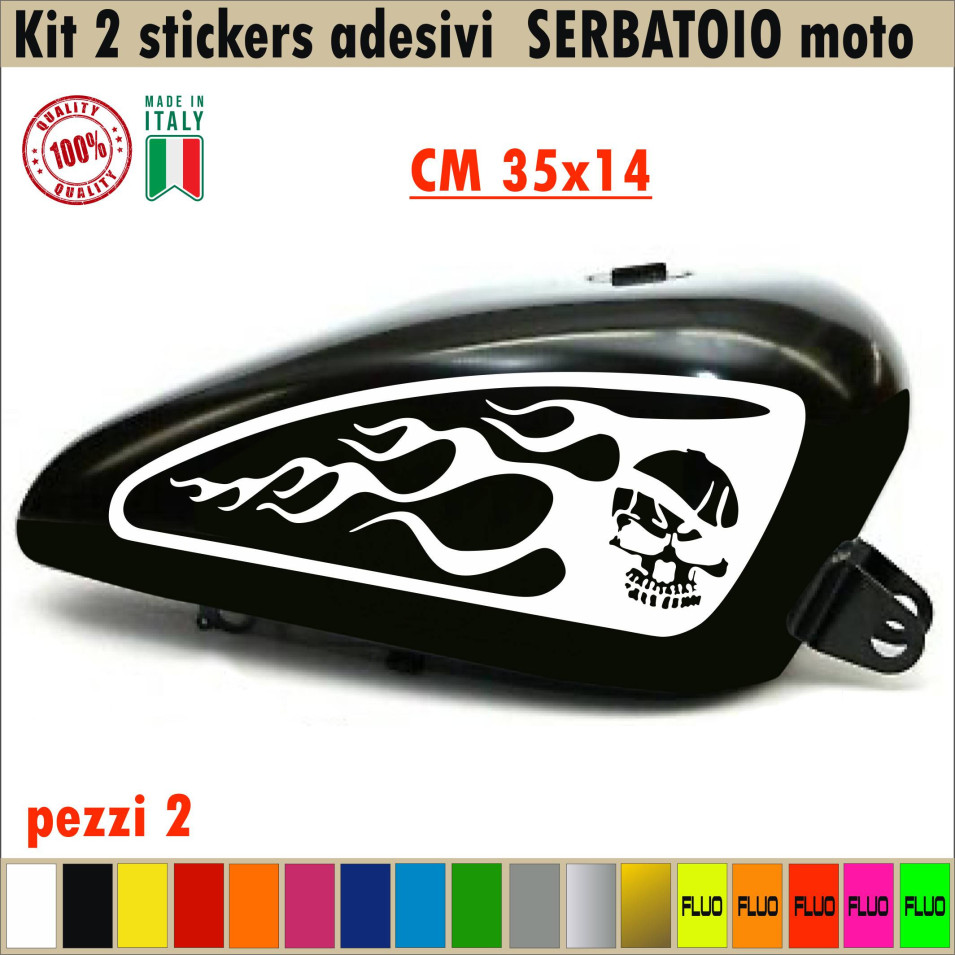 Kit 2 Adesivi SERBATOIO fiamme teschio skull flame moto chopper harley vintage disp. in moltissimi colori ANCHE FLUO Cod.1678