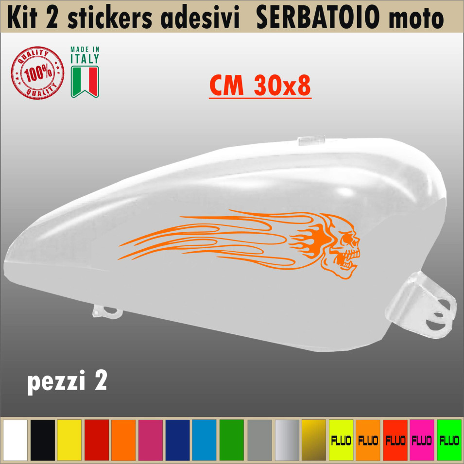 Kit 2 Adesivi SERBATOIO teschio fiamme skull moto chopper harley vintage disponibile in moltissimi colori ANCHE FLUO Cod.1682