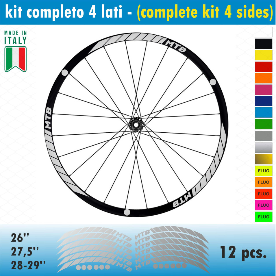 Kit adesivi per Cerchi Bici 26 - 27,5 - 28- 29 Pollici Ruota MTB Mountain Bike vari colori ANCHE FLUO Cod.MTB007