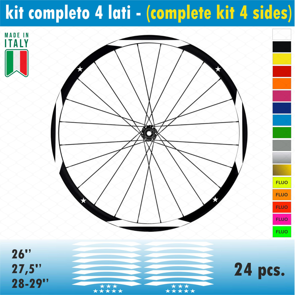 Kit adesivi per Cerchi Bici 26 - 27,5 - 28- 29 Pollici Ruota MTB Mountain Bike vari colori ANCHE FLUO Cod.MTB013