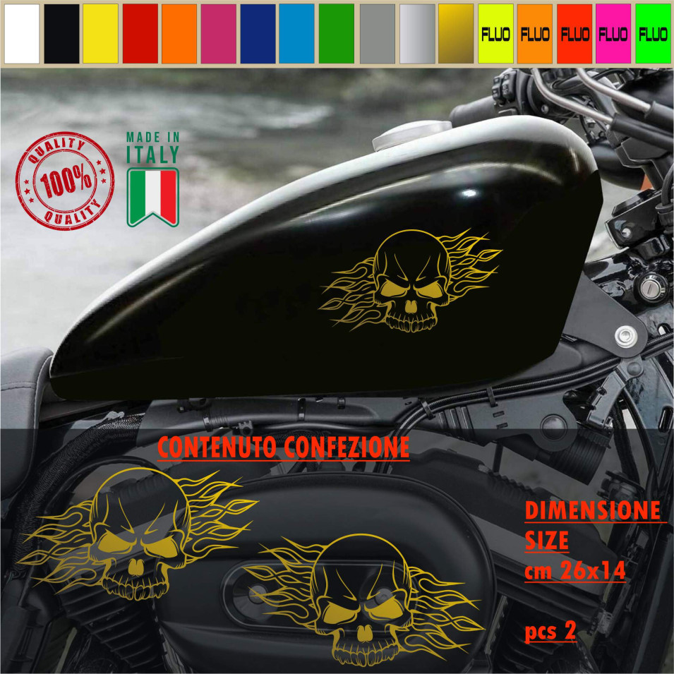 Kit 2 Adesivi SERBATOIO teschio SKULL fiamme bobber moto chopper harley vintage disp. in moltissimi colori ANCHE FLUO Cod.2156