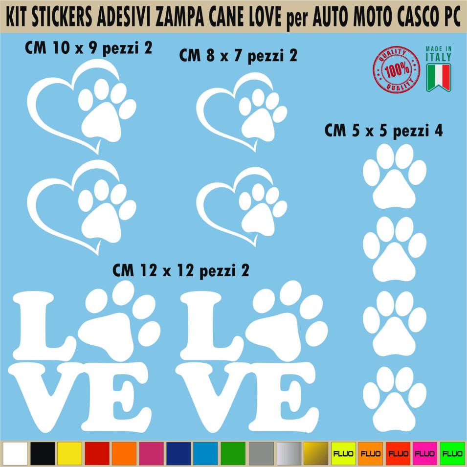 Kit 10 Adesivi Zampa Zampe Cane love Amore Animali Auto Moto Camper cod. 1662