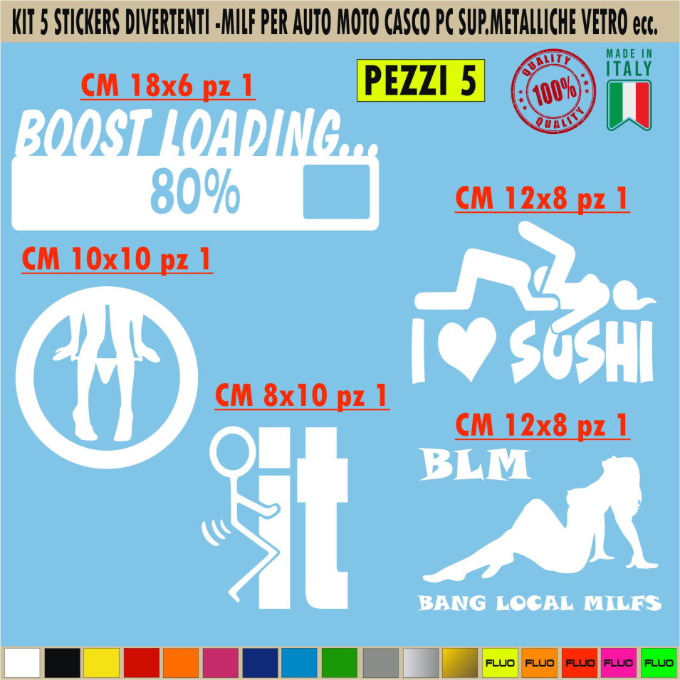 Kit 5 Adesivi stickers Divertenti UNIVERSALI per auto moto casco tappo serbatoio vetro pc c.1696