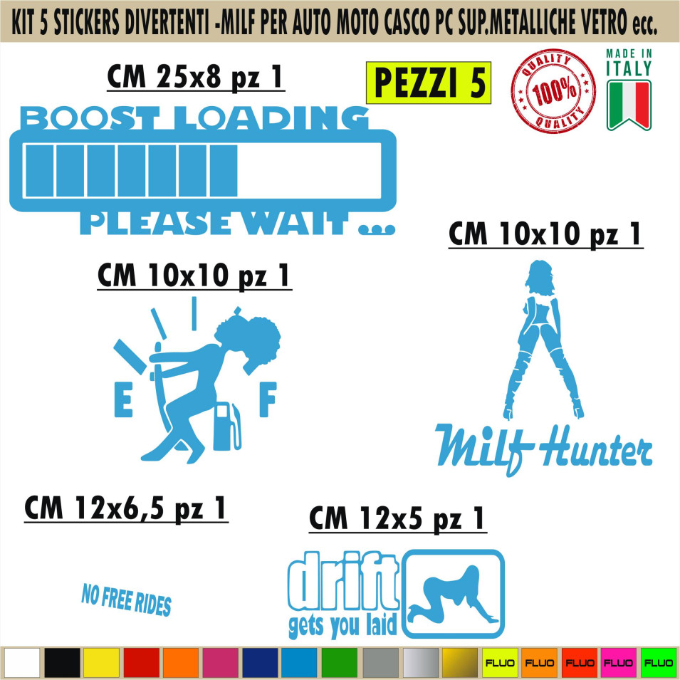 Kit 5 Adesivi Divertenti benzina UNIVERSALI per auto moto casco carrozzeria vetro pc tappo serbatoio Cod.1698