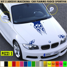 Kit 5 Adesivi Auto Fiamme Tribale specchietti Striscia Cofano Bonnet Tuning Cod.2175