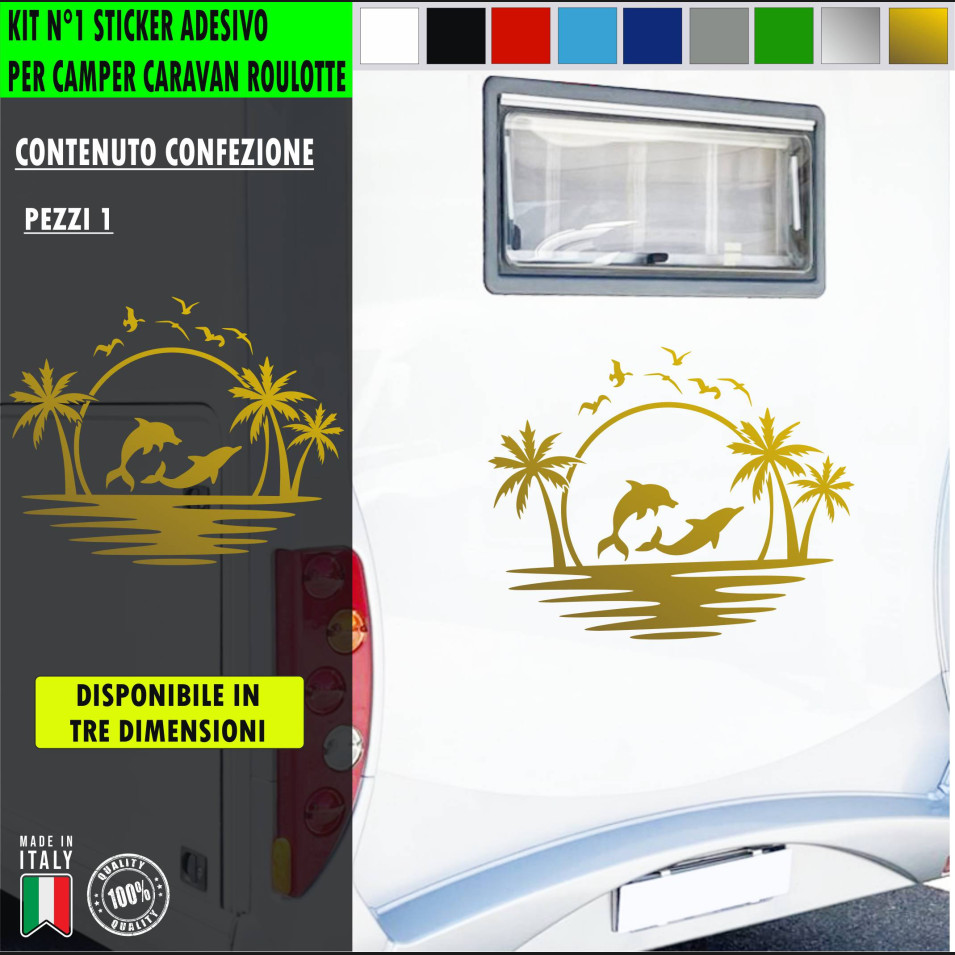Adesivo camper DELFINI TRAMONTO PALME ESTATE MARE Comp. con Adria Arca Bürstner Carthago Chausson Elnagh Mclouis c.2432