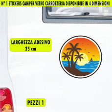 Kit 1 Adesivo Sticker Camper Mare Tramonto Palme Spiaggia Caravan Van Roulotte Ripara Carrozzeria Copri Righe Graffi cod. 2471